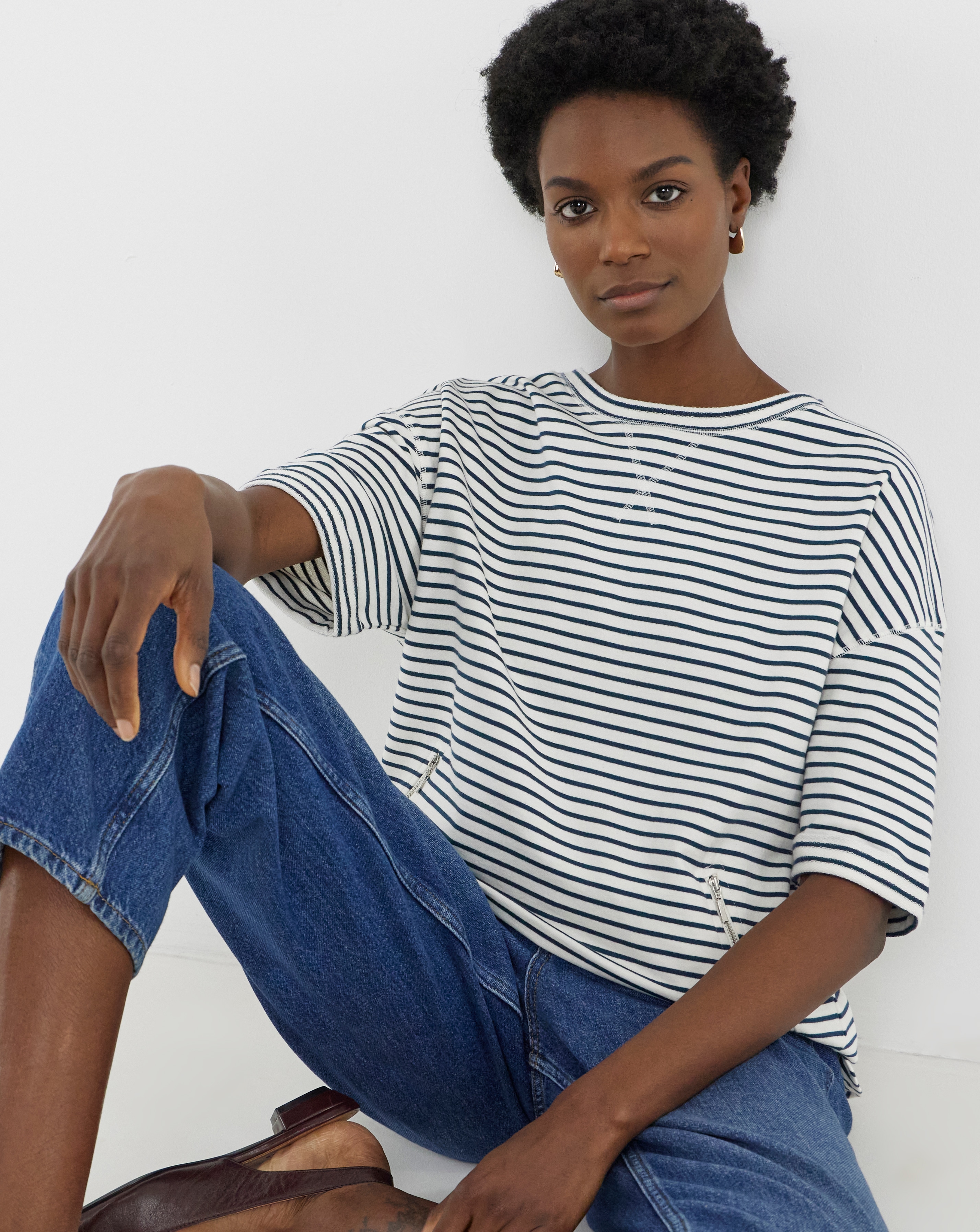Stripe Longline Short Sleeve Sweatshirt
