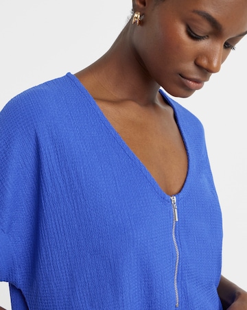 Textured V-Neck Zip Front Longline Top