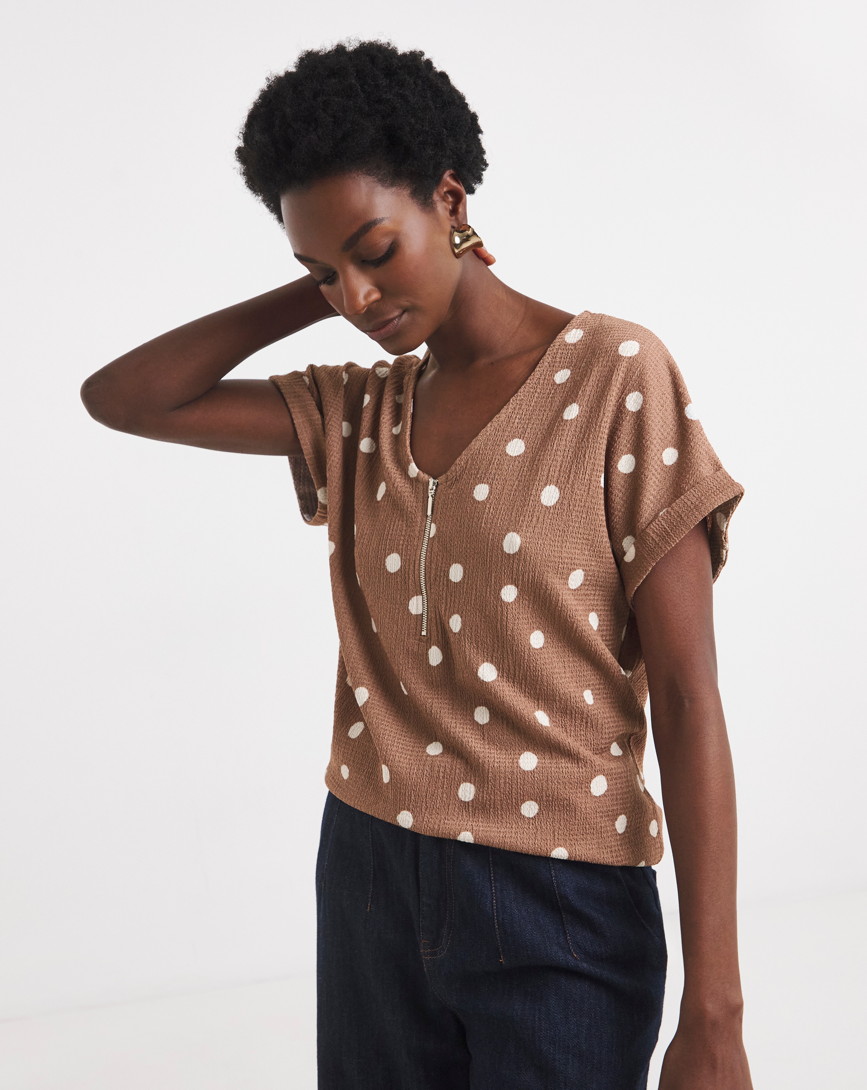 New In - Textured V-Neck Zip Front Longline Top