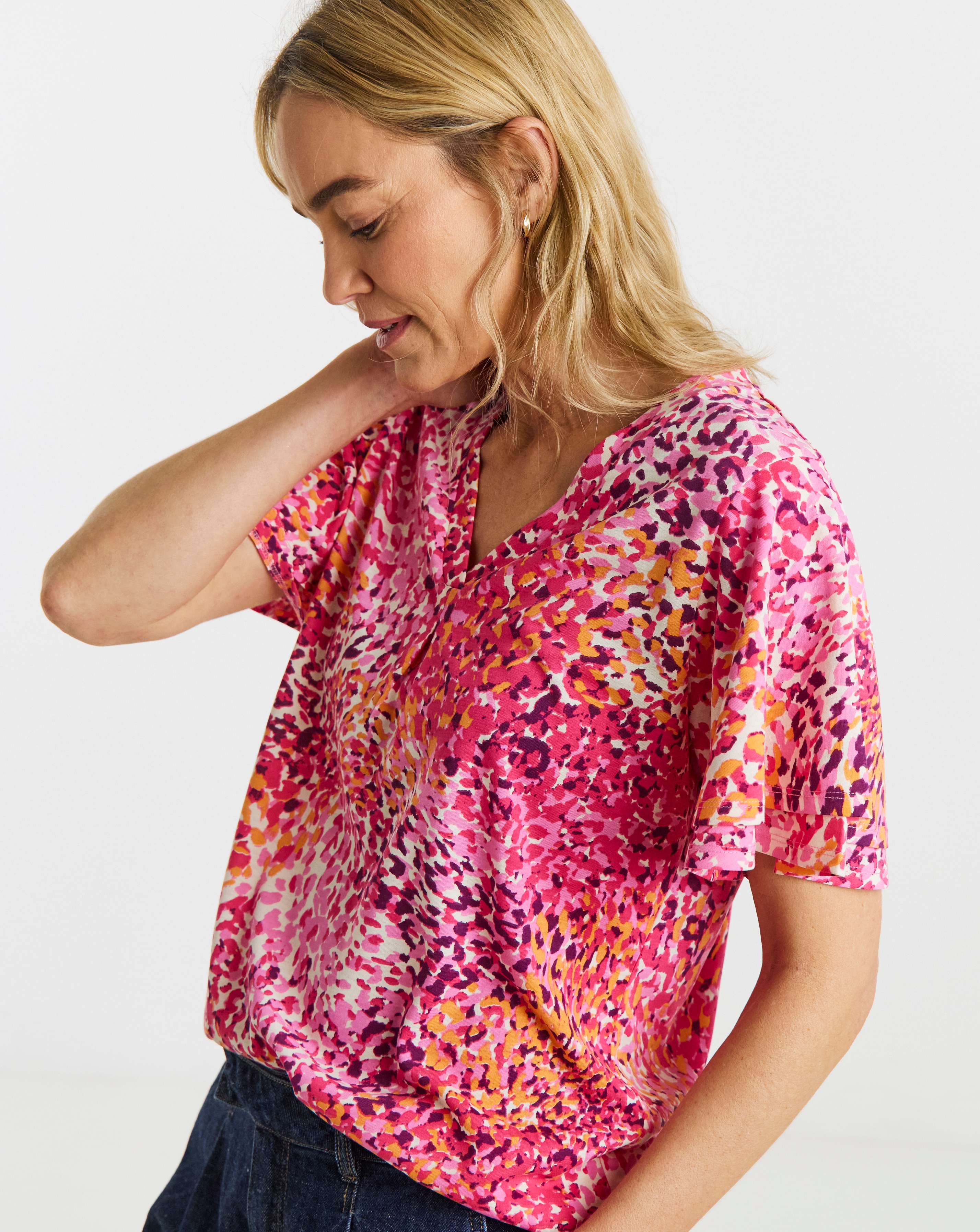 Pink Double Angel Sleeve V Neck Top