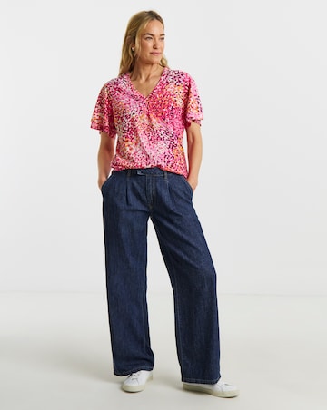 Pink Printed Double Angel Sleeve V Neck Top