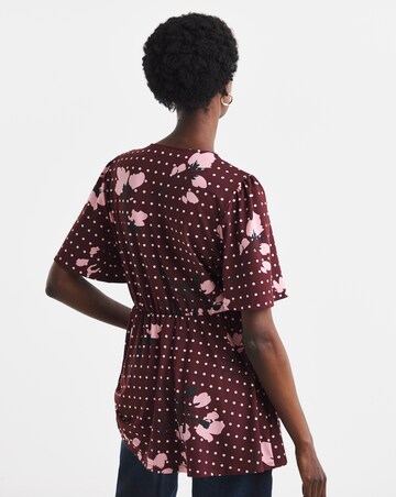 Floral Spot Print Angel Sleeve V Neck Button Through Longline Top