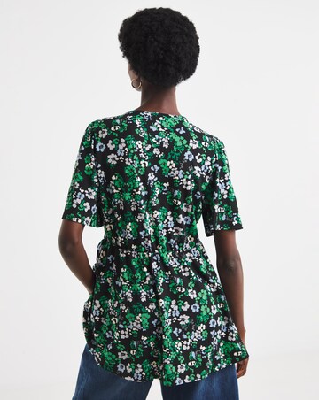 Floral Print Angel Sleeve V Neck Button Through Longline Top