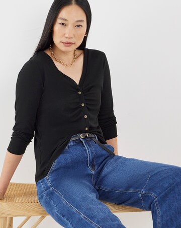 Black Long Sleeve Ribbed Ruched Front Cardigan