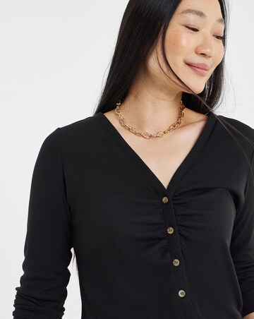Black Long Sleeve Ribbed Ruched Front Cardigan
