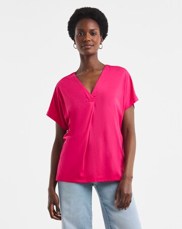 Pink Pleated V Neck Grown on Sleeve Top