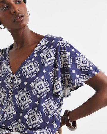 Printed Button Front Frill Sleeve Top