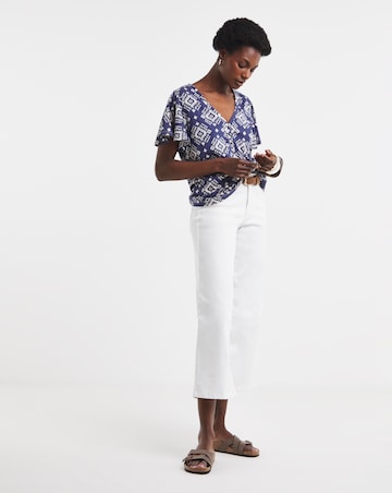 Printed Button Front Frill Sleeve Top