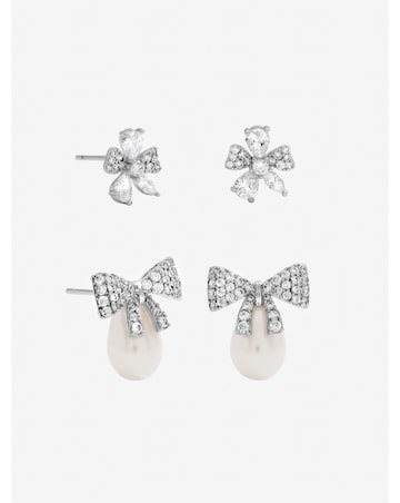 Jon Richard Rhodium Plated Pearl and Pave Bow Earrings - Pack of 2