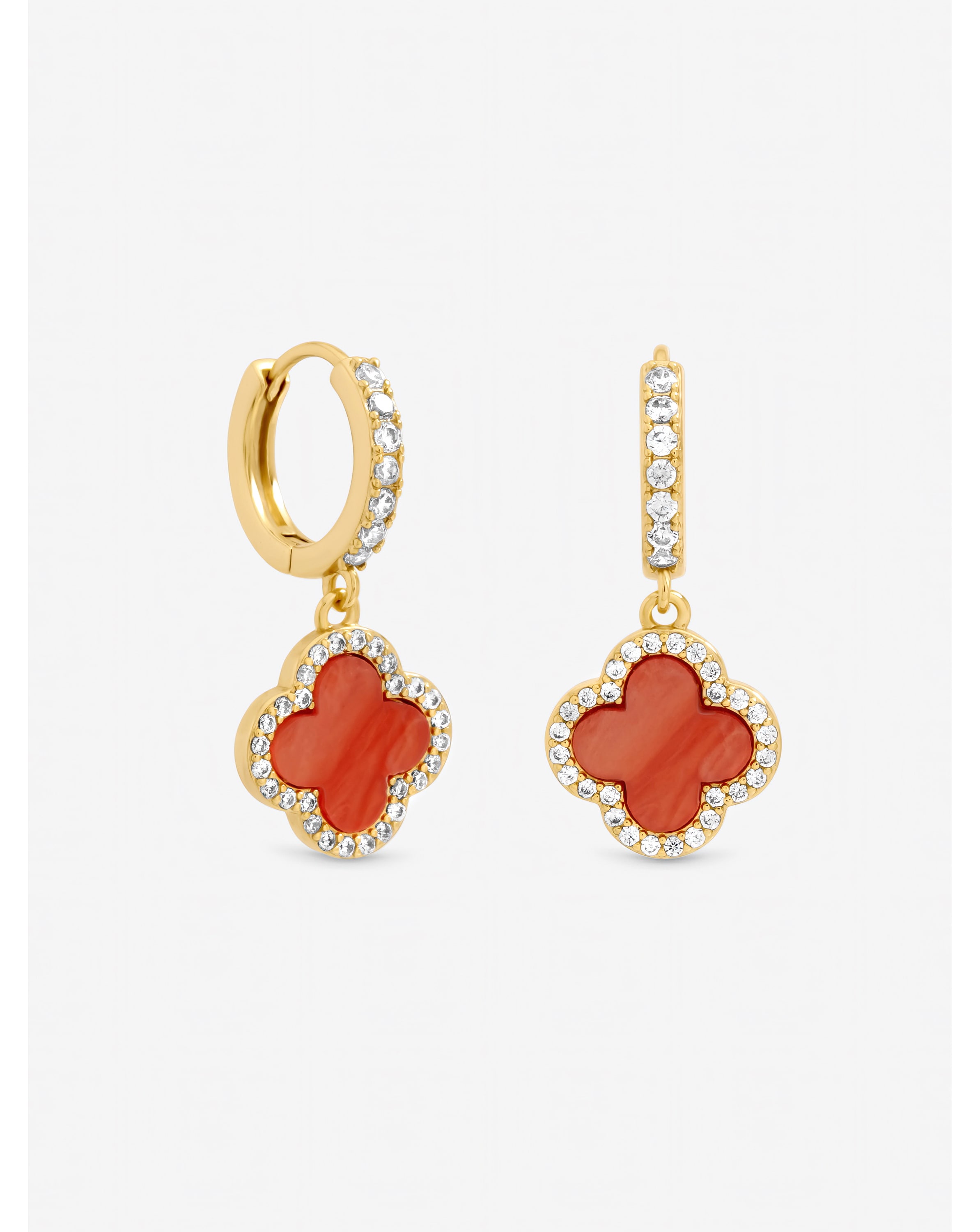Gold Plated Coral Clover Huggie Earrings