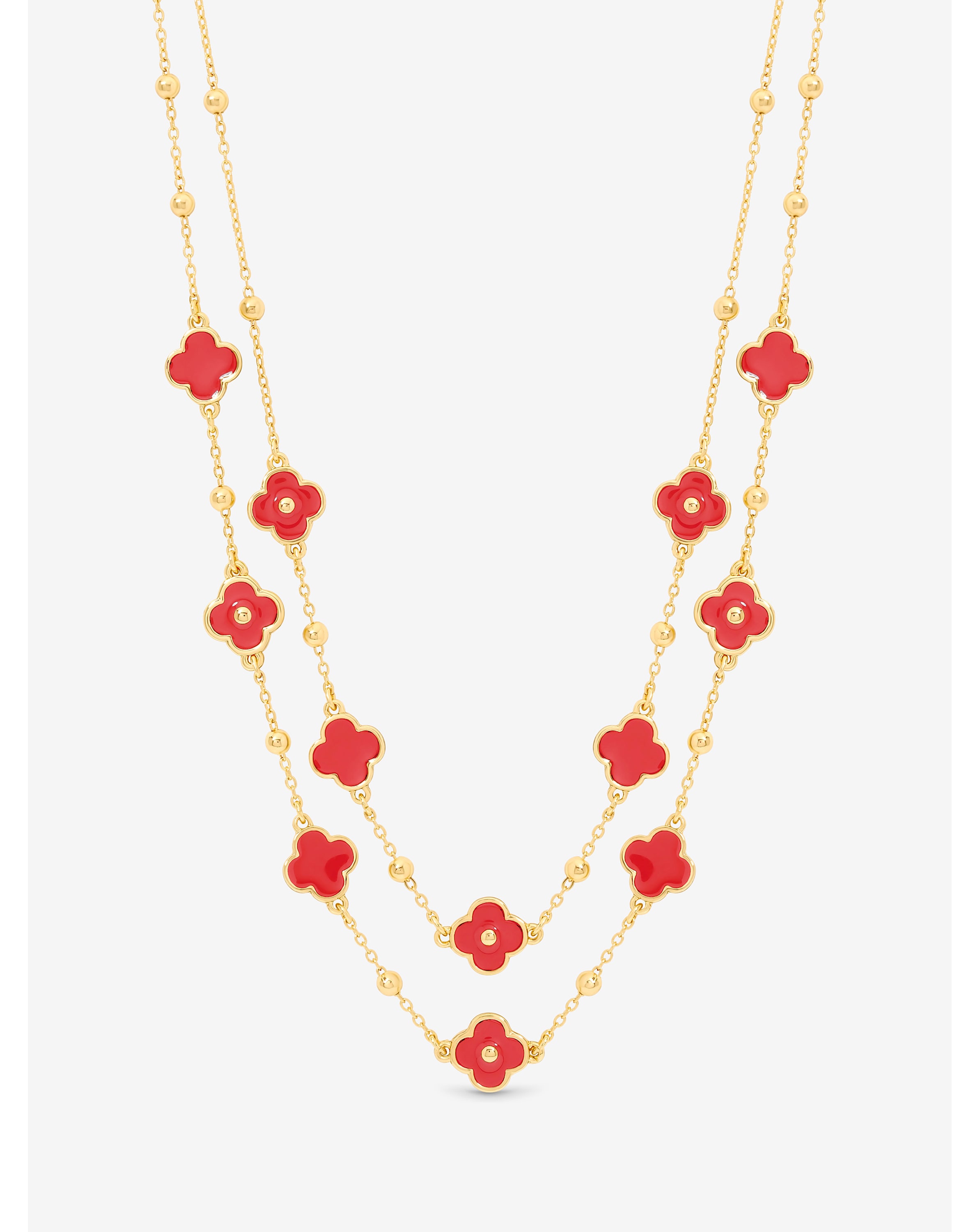 Gold Coral Clover Double Row Necklace