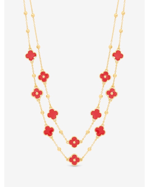Mood Gold Plated and Coral Clover Double Row Necklace