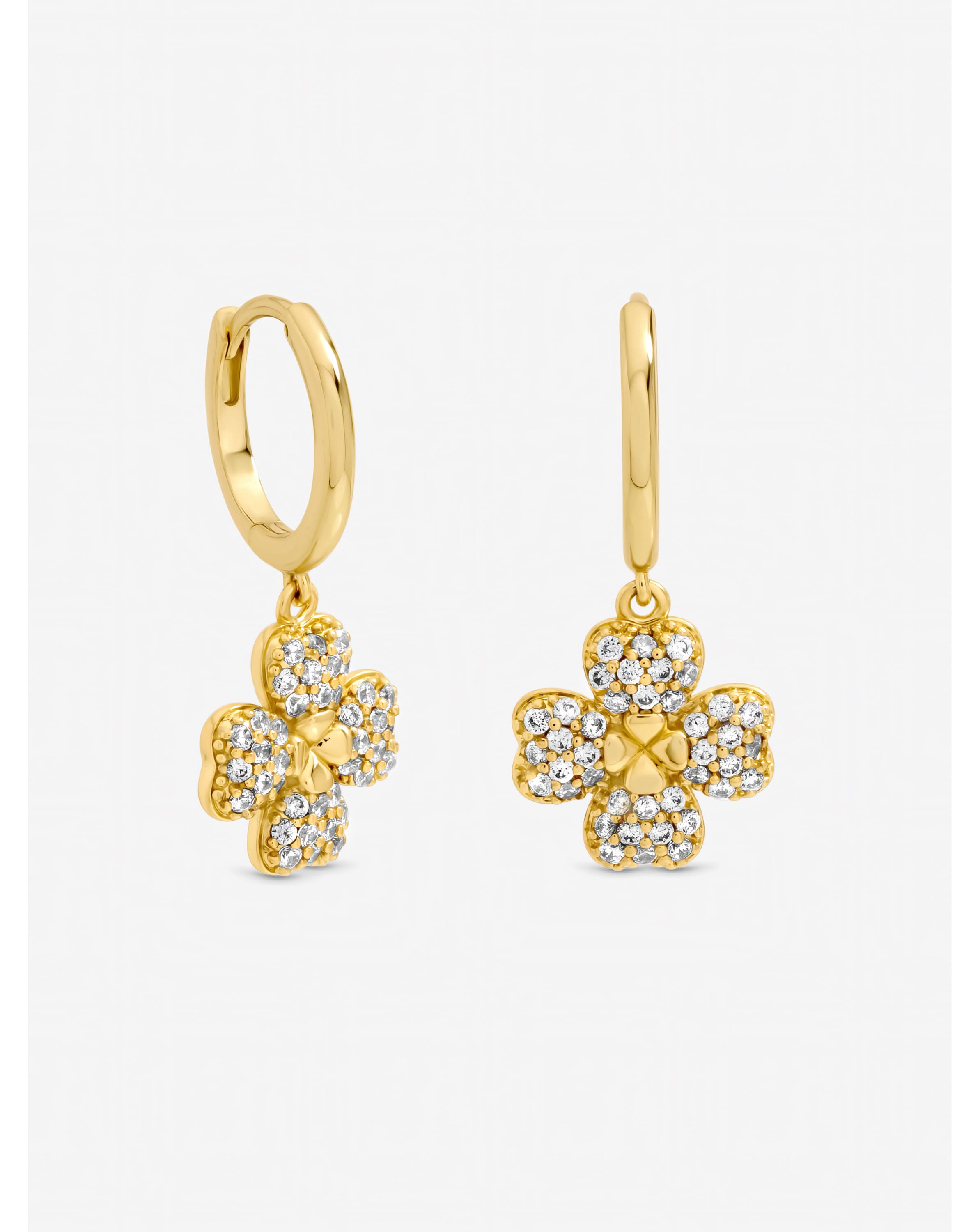 Gold Plated Pave Clover Huggie Earrings