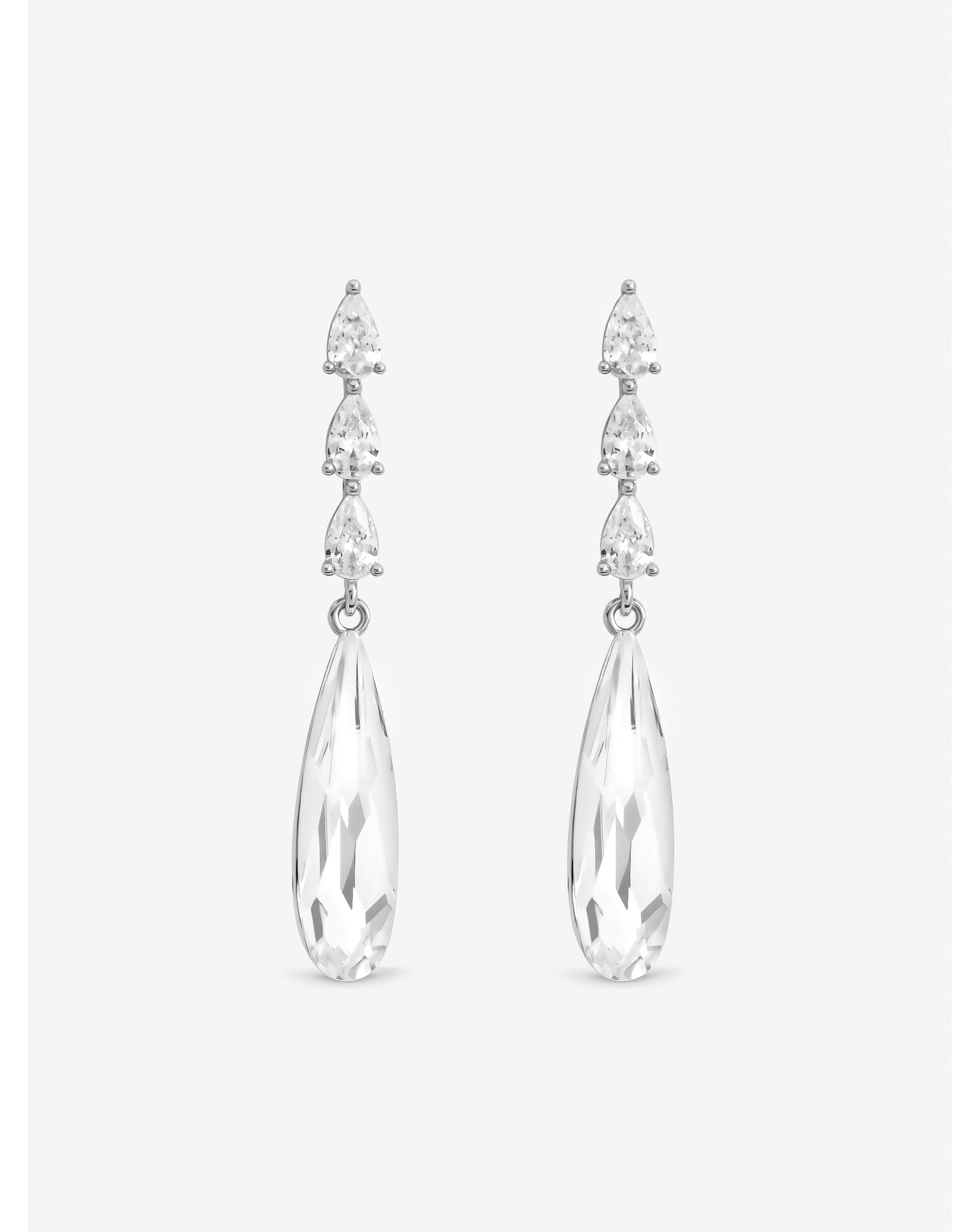 Rhodium Plated Linear Pear Drop Earrings