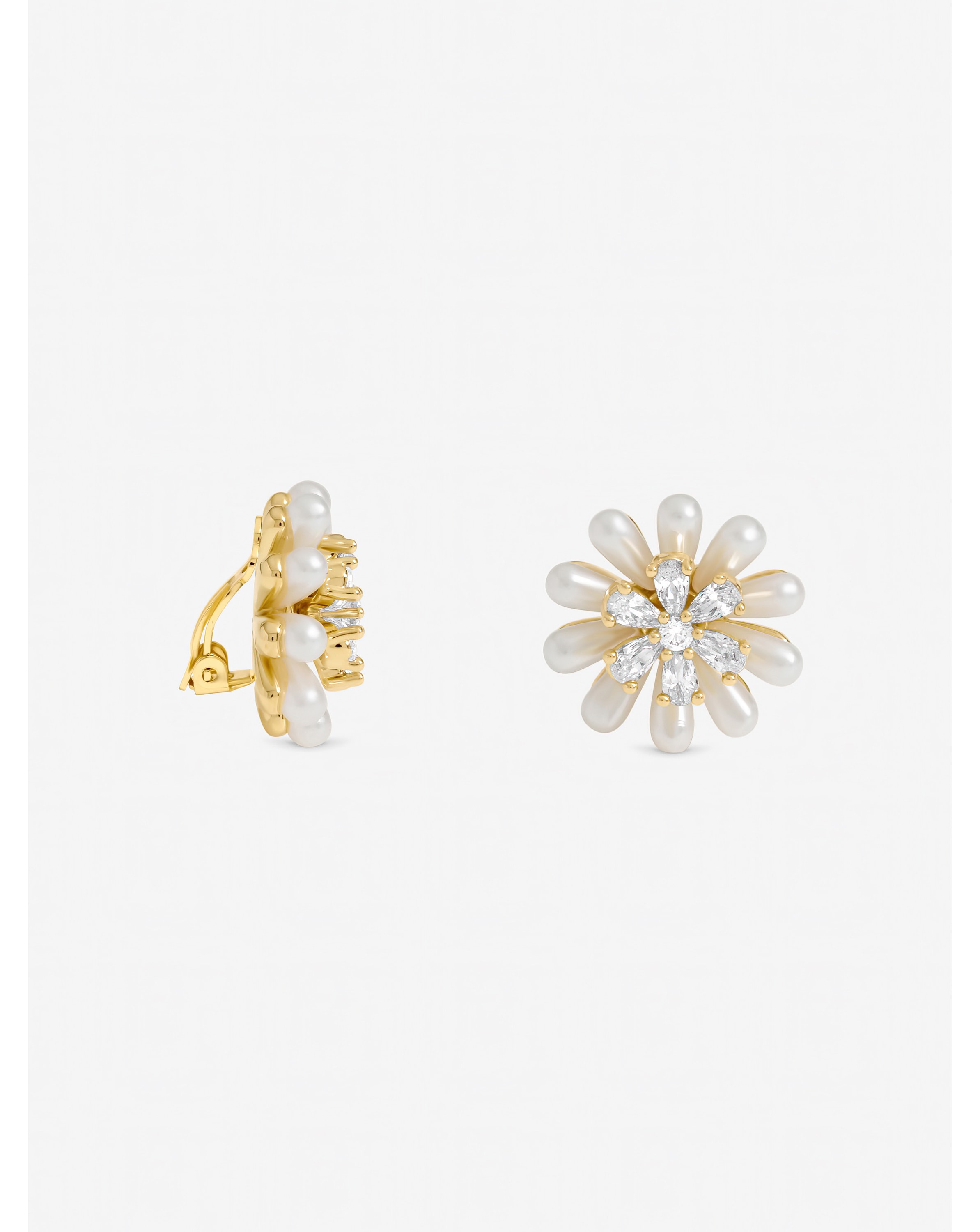 New In - Pearl Crystal Flower Clip Earrings