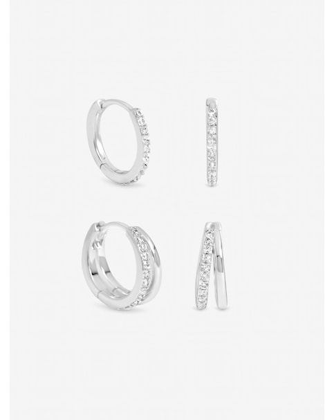 Inicio Sterling Silver Plated Polished And Pave Hoops - Pack of 2