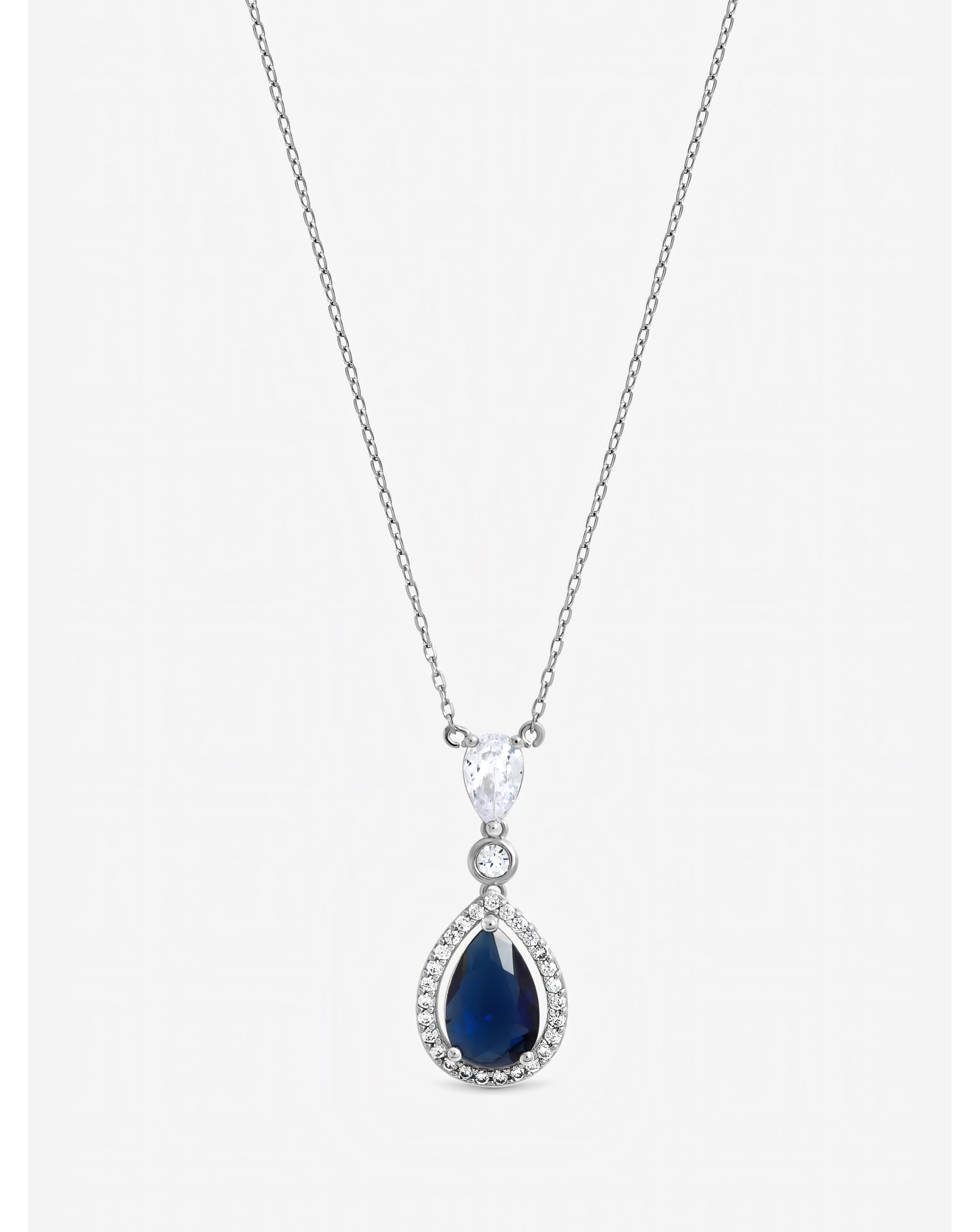 New In - Rhodium Plated Blue CZ Pendant Necklace