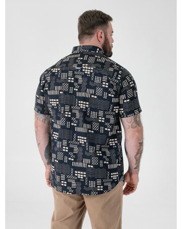RICK-D555 Navy Geometric AO Print Short Sleeve Button Down Collar Shirt