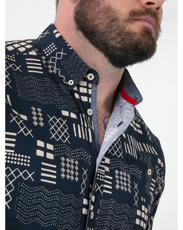RICK-D555 Navy Geometric AO Print Short Sleeve Button Down Collar Shirt