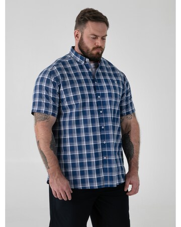 MORRIS-D555 French Navy Check Button Down Collar S/S Shirt With Pocket