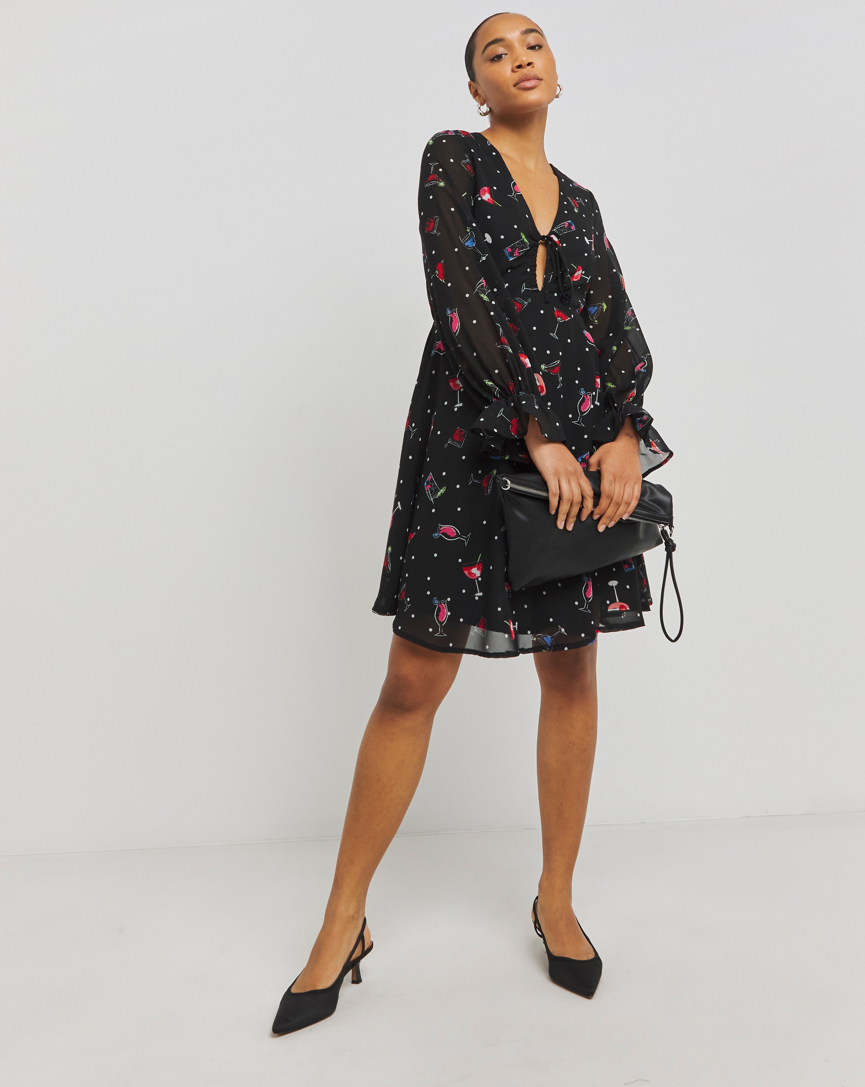 Black Print Tie Front Skater Dress