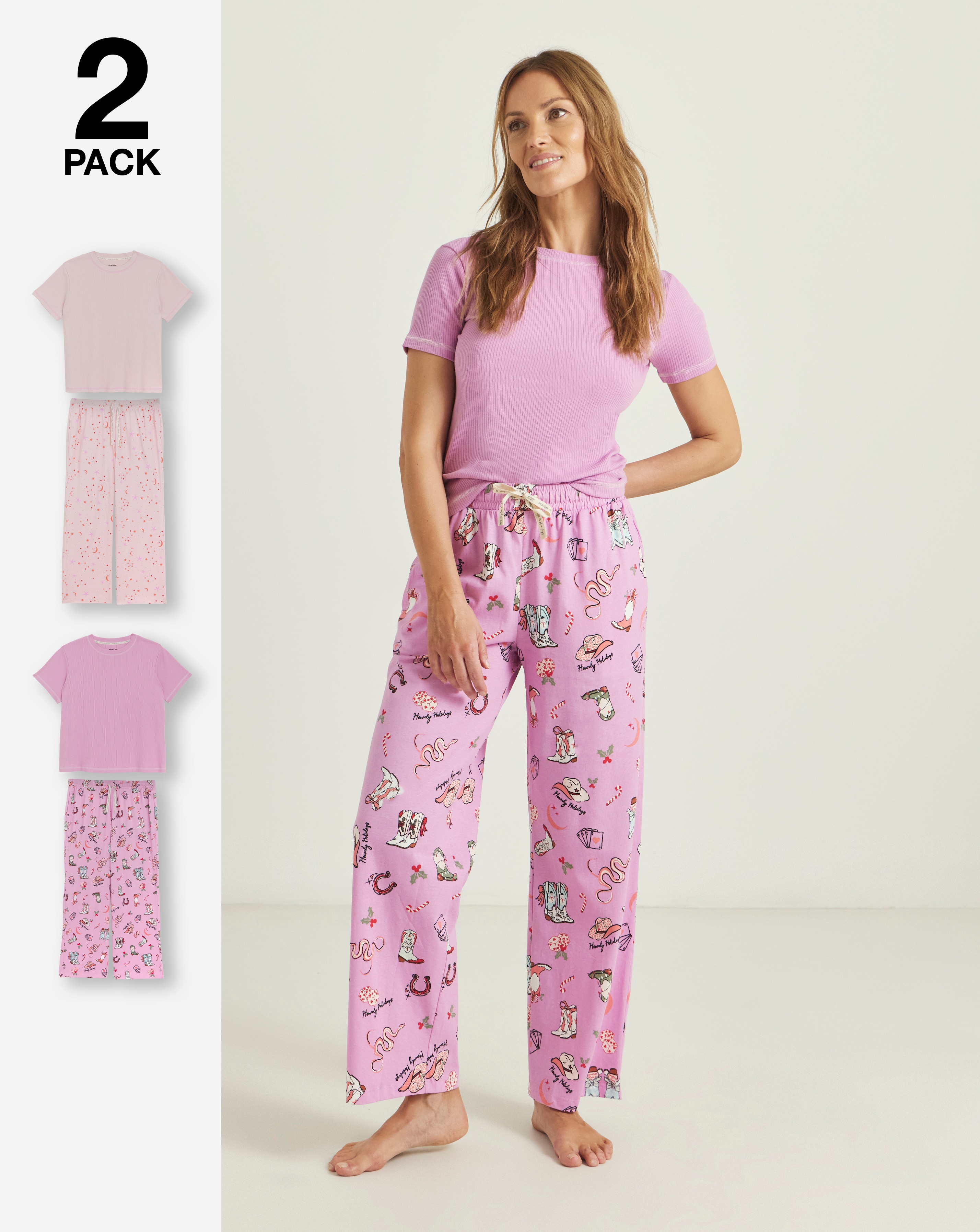 Pink 2 Pack Ribbed Top PJ Sets