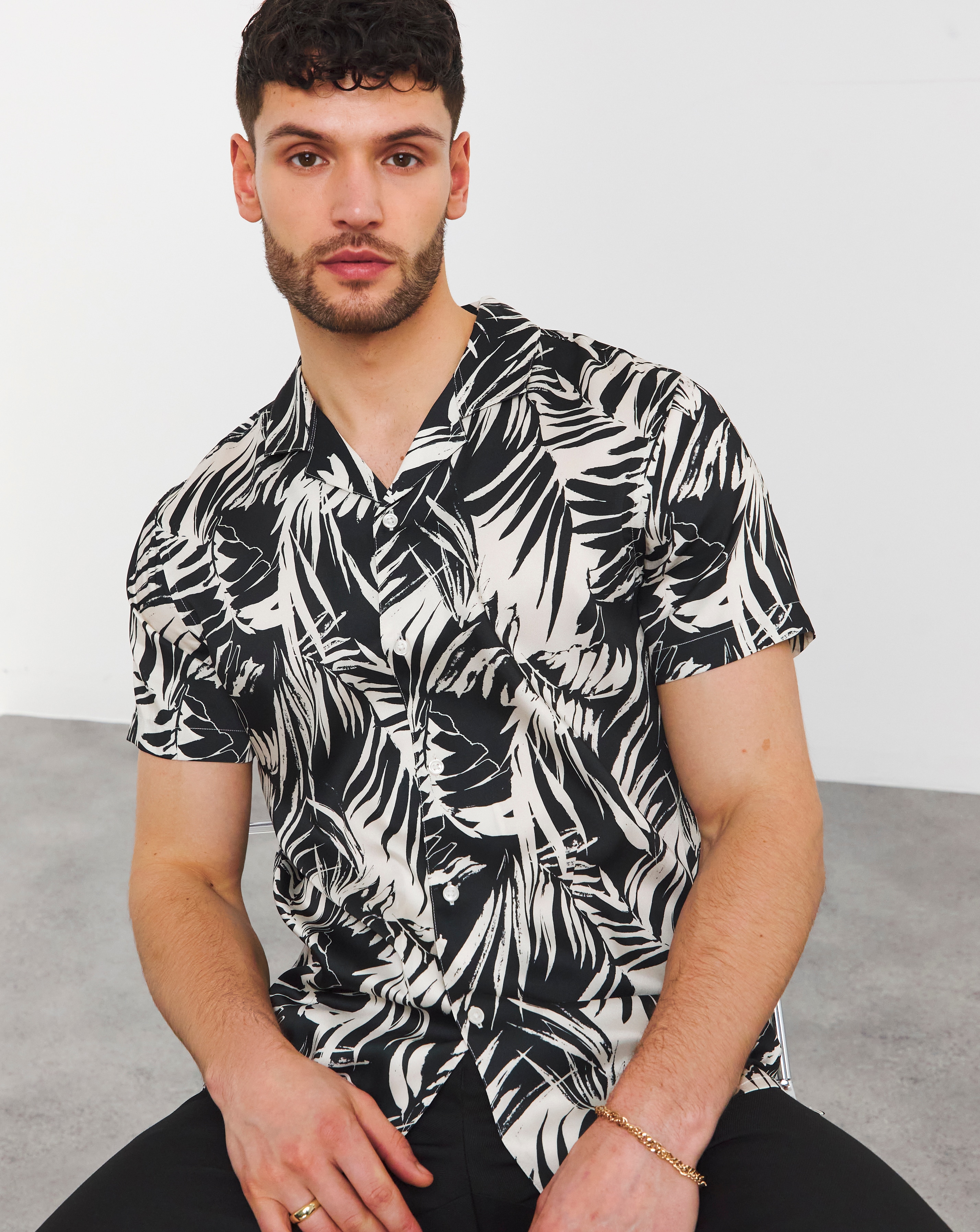 Mono Palm Print Cuban Collar Shirt