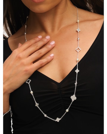 Mood Silver Crystal & Mother of Pearl Clover Station Long Necklace