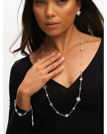 Mood Silver Crystal & Mother of Pearl Clover Station Long Necklace