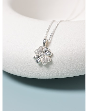 Simply Silver Sterling Silver 925 Polished and Pave Clover Pendant - Gift Pouch