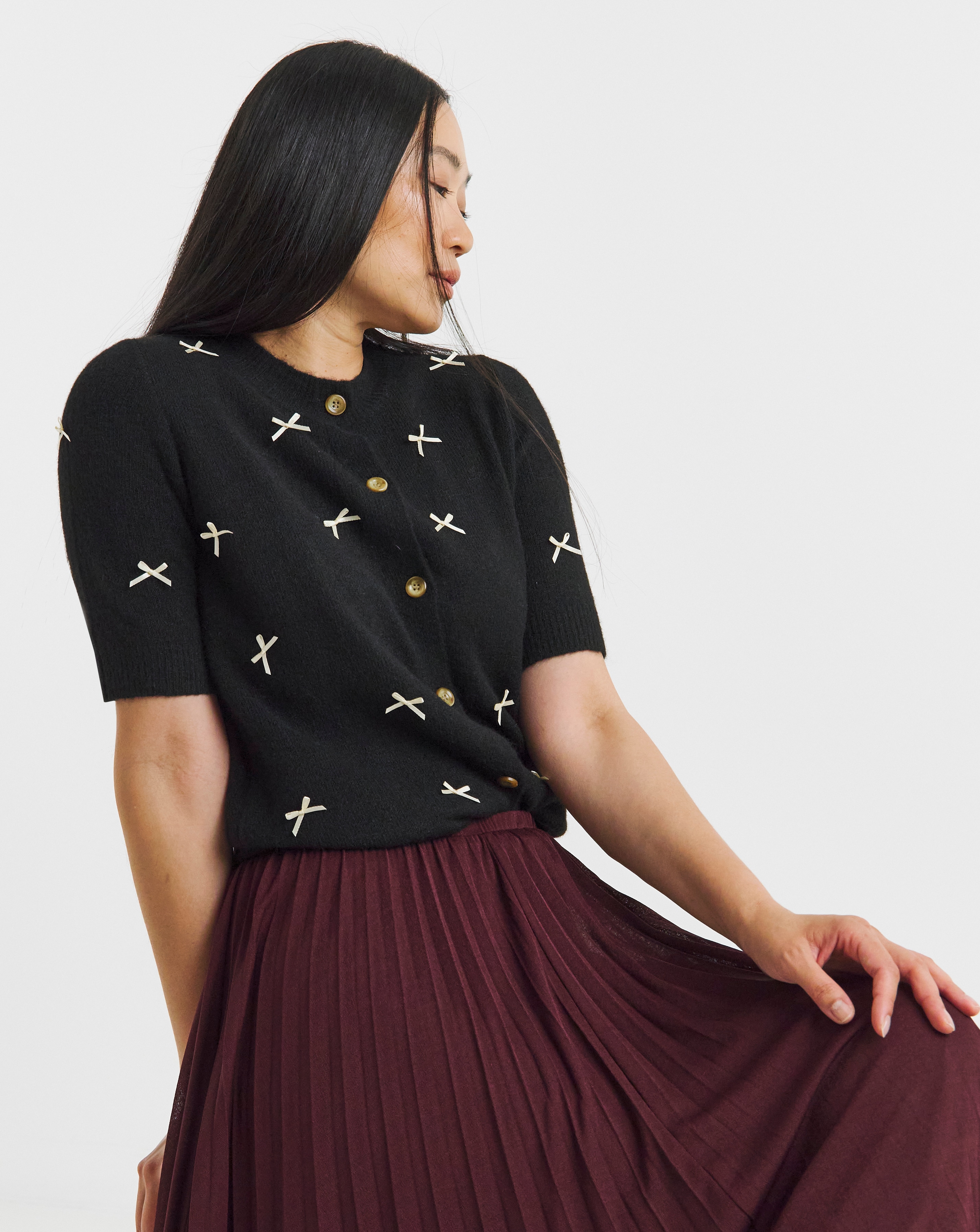 BOW SHORT SLEEVE CARDIGAN