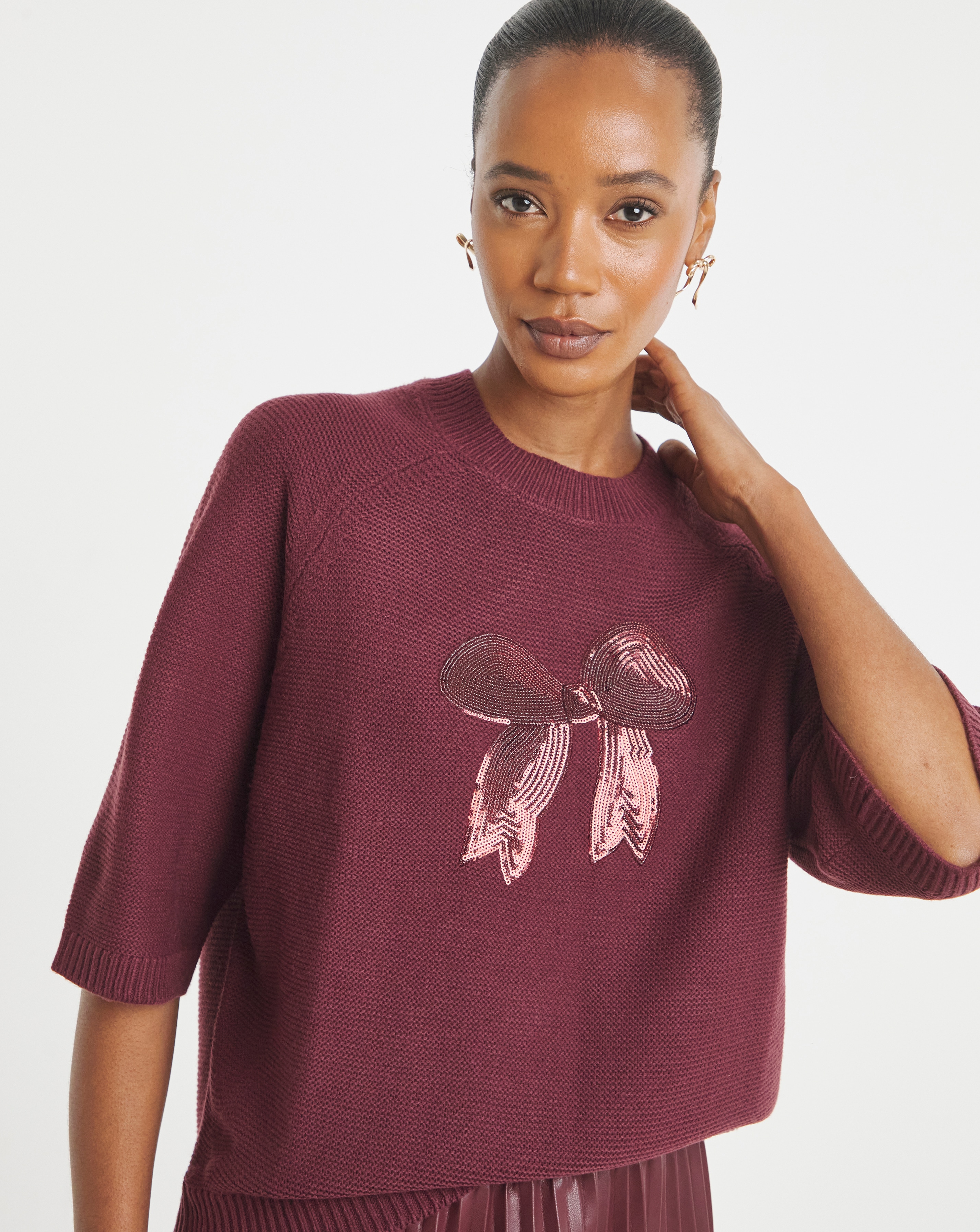 Sequin Bow Short Sleeve Jumper