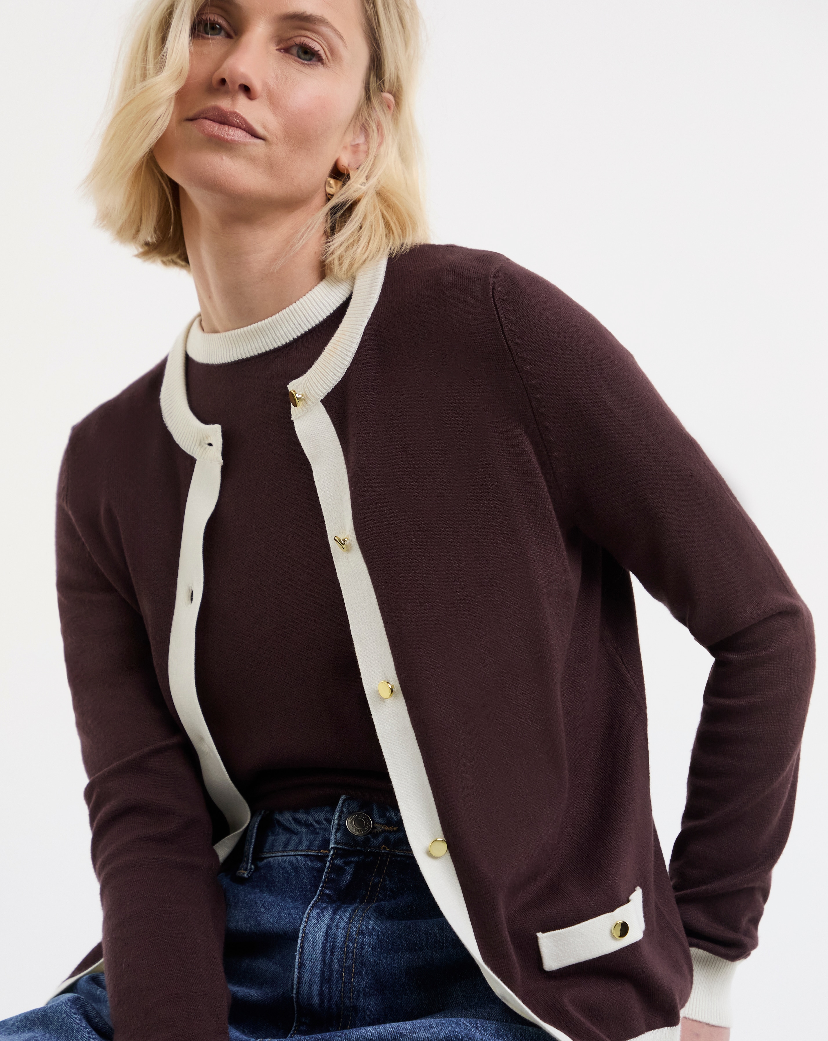 Contrast Tipping Crew Neck Cardigan