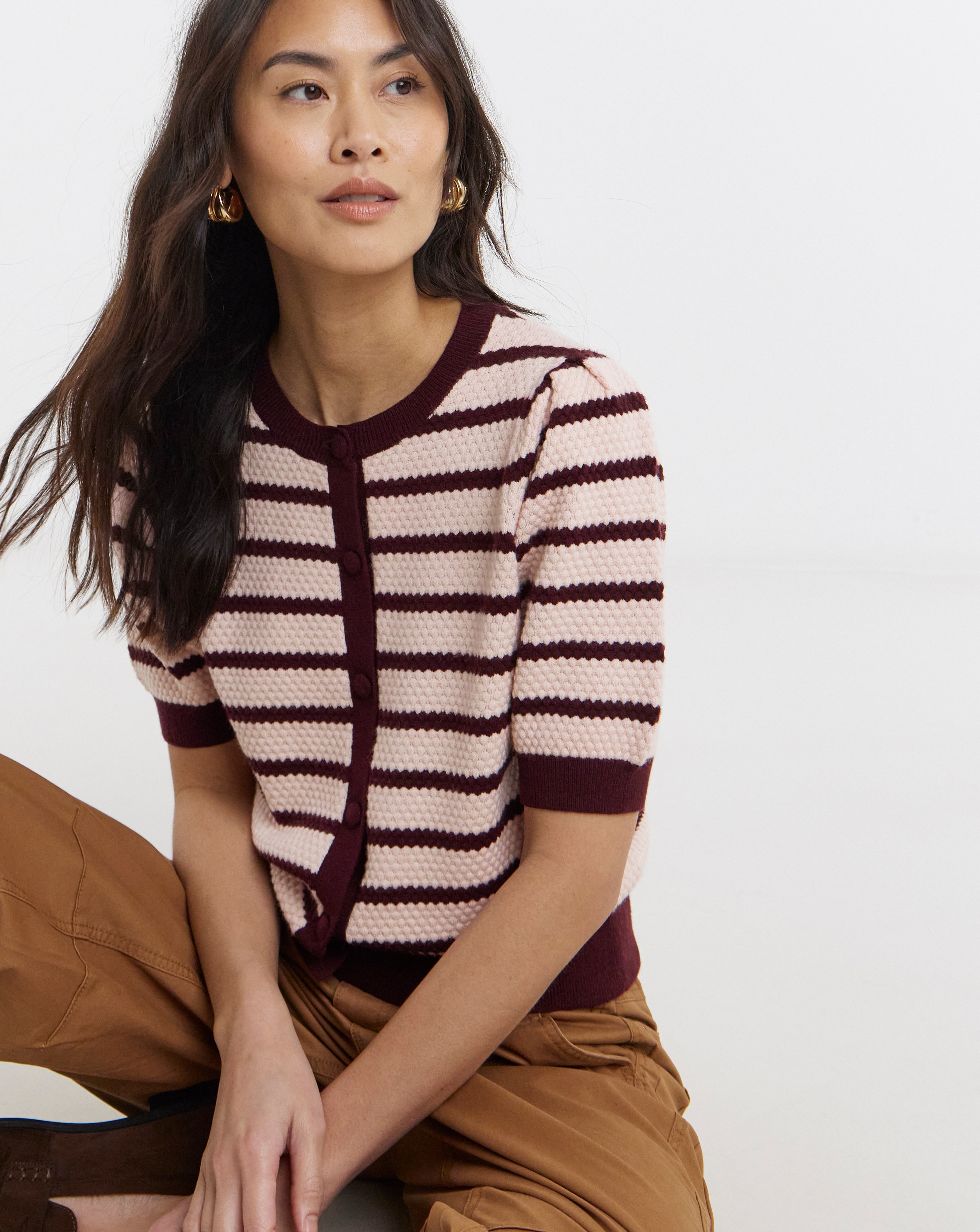 New In - Textured Stripe Short Sleeve Cardigan