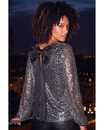 Roman Sequin Satin Bow Back Top