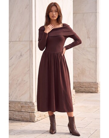 Roman Bardot Knitted Midi Dress