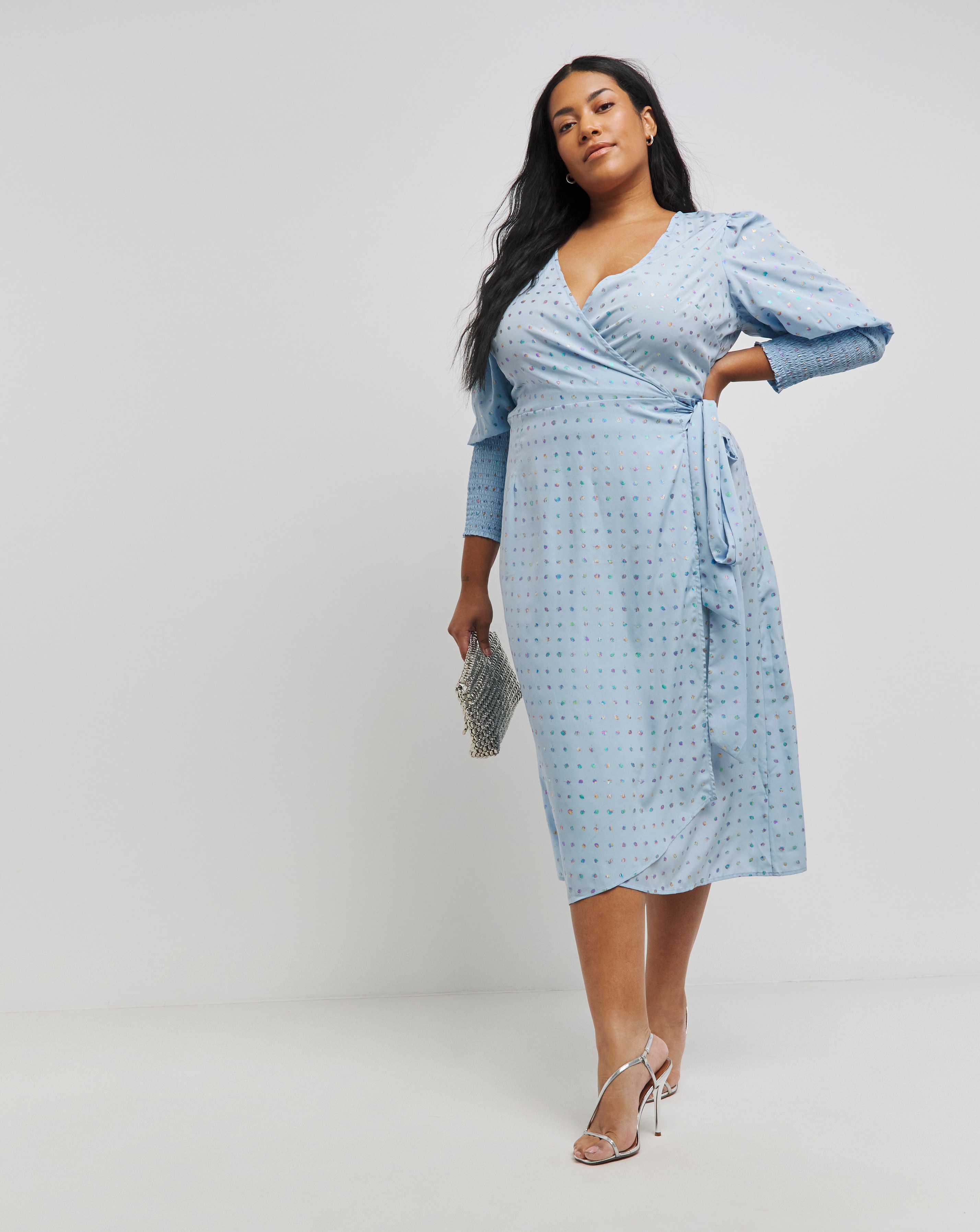 Rainbow Foil Shirred Wrap Midi Dress