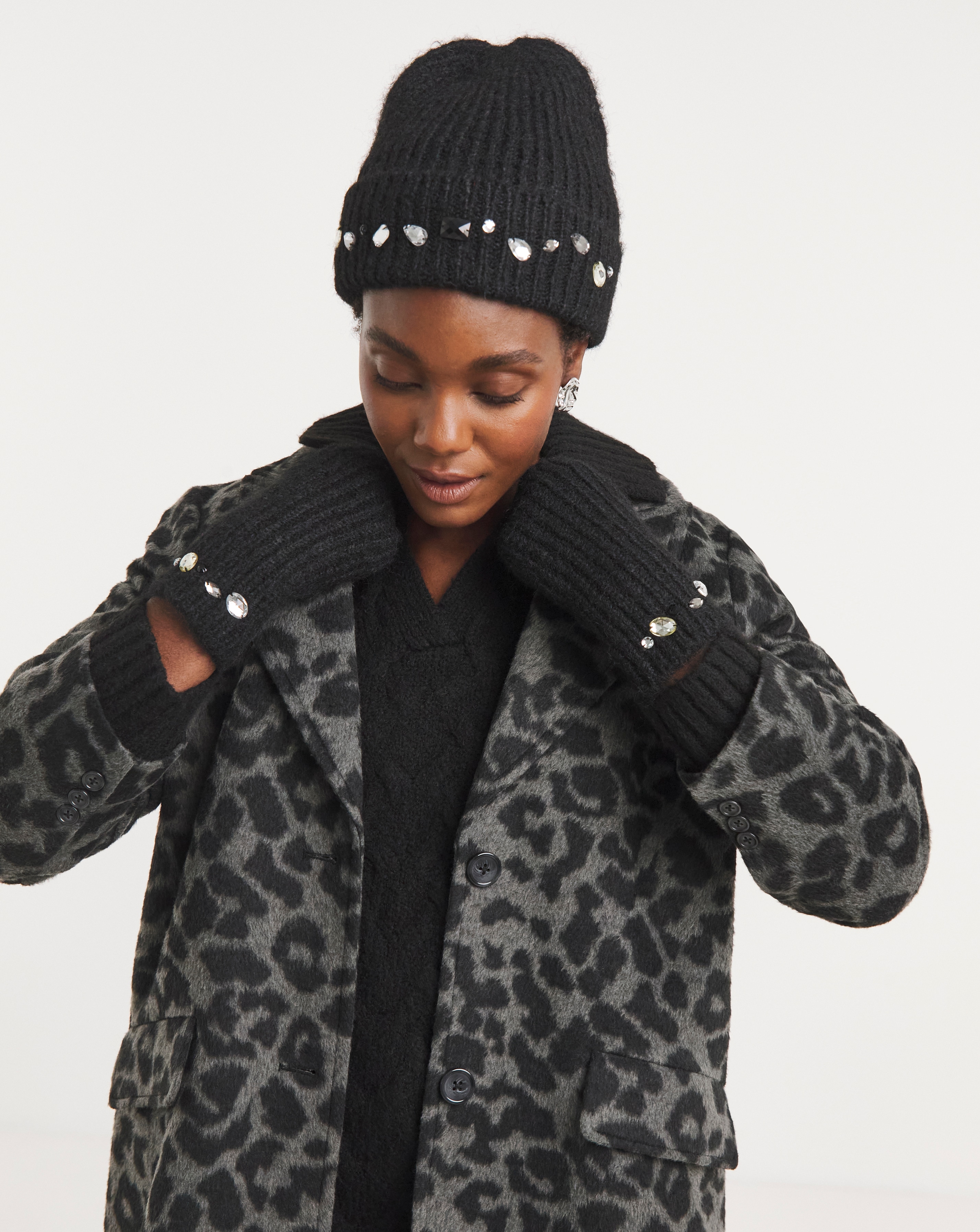 Jewel Embellished Hat & Handwarmer Set