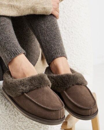 Capri Full Suede Faux Fur Trim Slippers - Wide Fit (E)