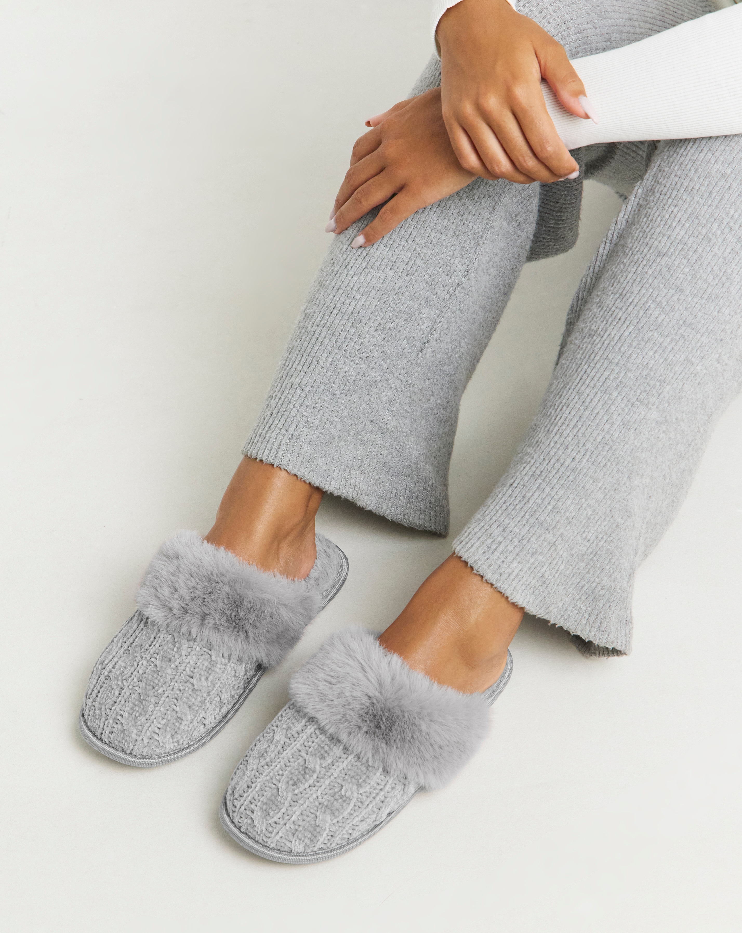 Fur Trim Mule Slipper Wide Fit