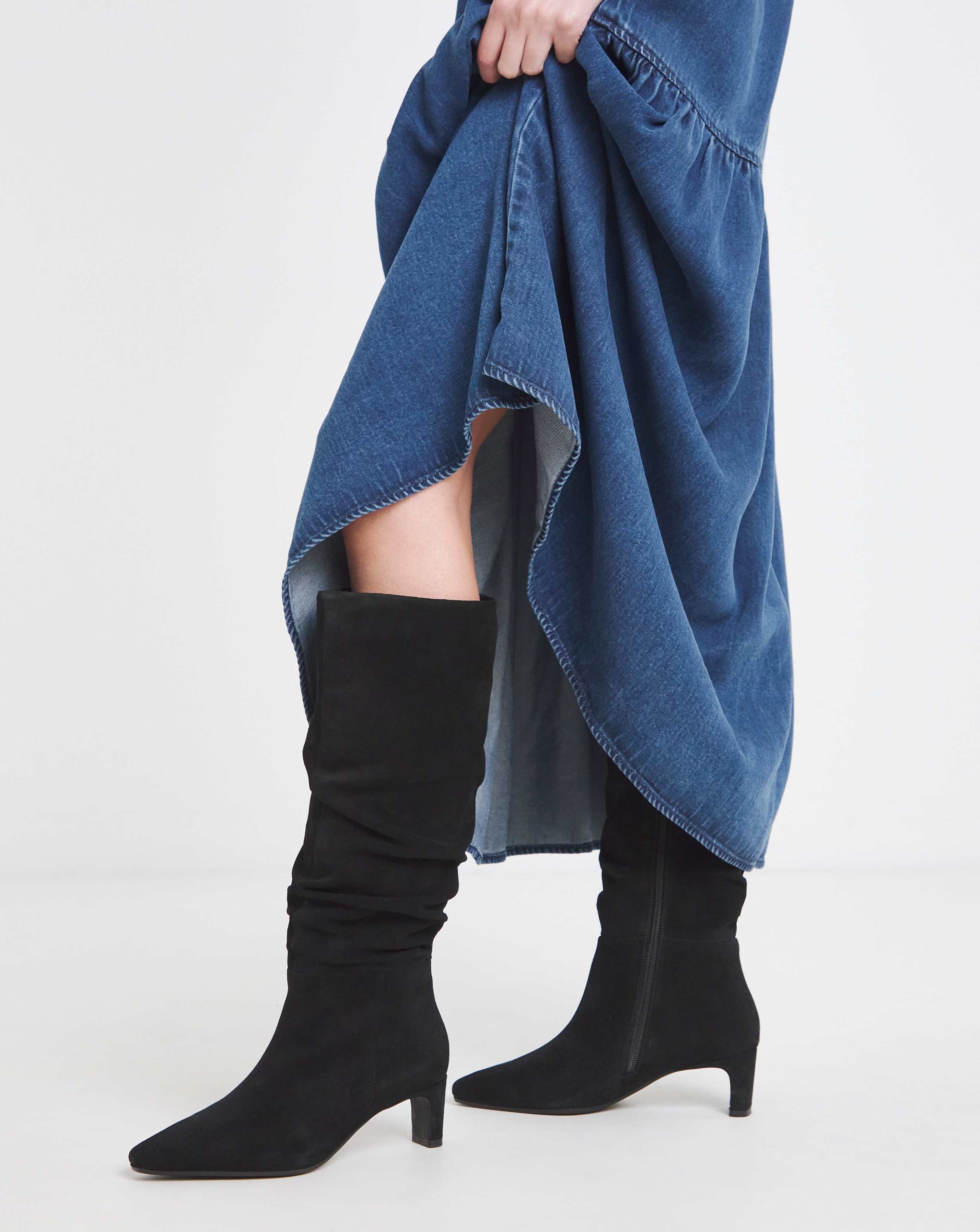 Ruched Suede Kitten Heel Boot Ex Wide SC