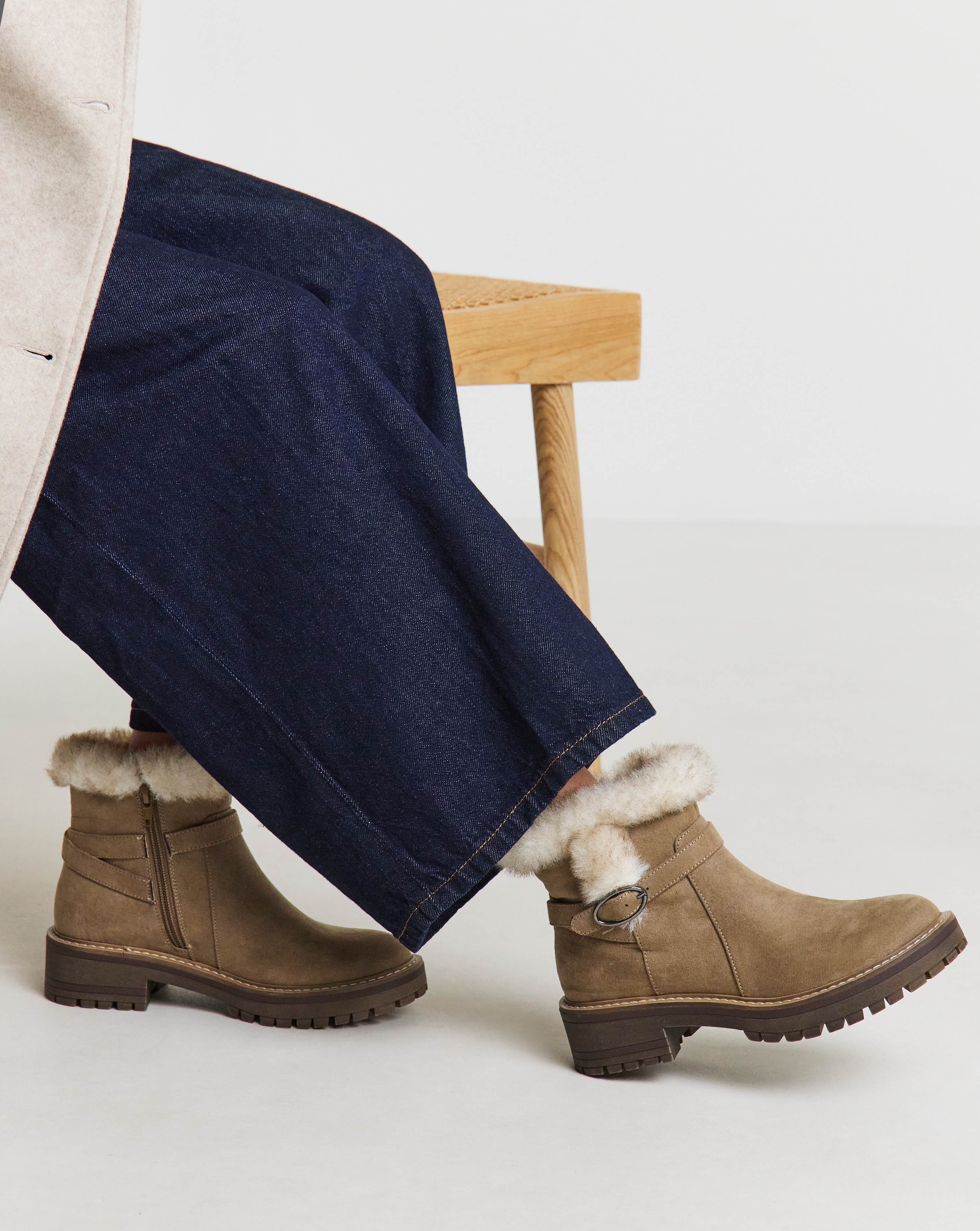 Chunky Ankle Boot Fur Trim Ex Wide