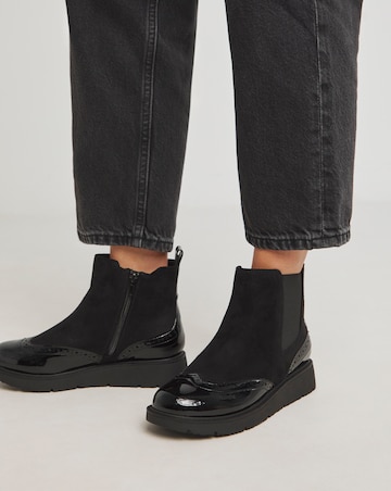 Heavenly Soles Debbie Low Wedge Chelsea Boots with Broguing Extra Wide EEE Fit