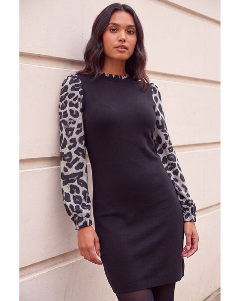 Roman Animal Print Mix Frill Short Dress