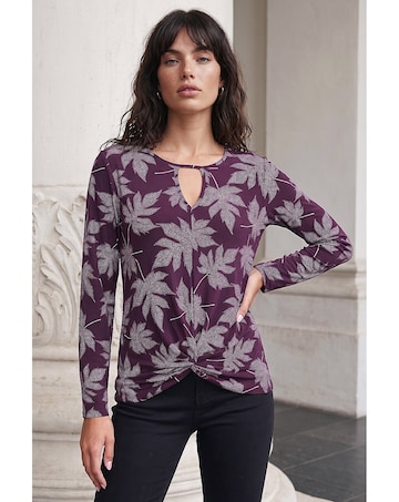 Roman Leaf Print Twist Front Keyhole Top