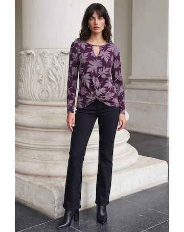 Roman Leaf Print Twist Front Keyhole Top