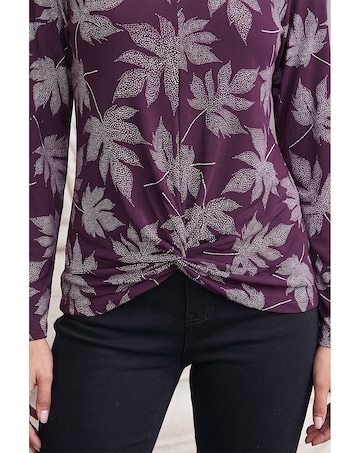 Roman Leaf Print Twist Front Keyhole Top