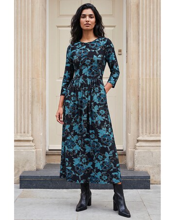 Roman Floral Gathered Stretch Midi Dress