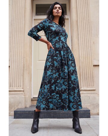 Roman Floral Gathered Stretch Midi Dress