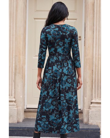 Roman Floral Gathered Stretch Midi Dress